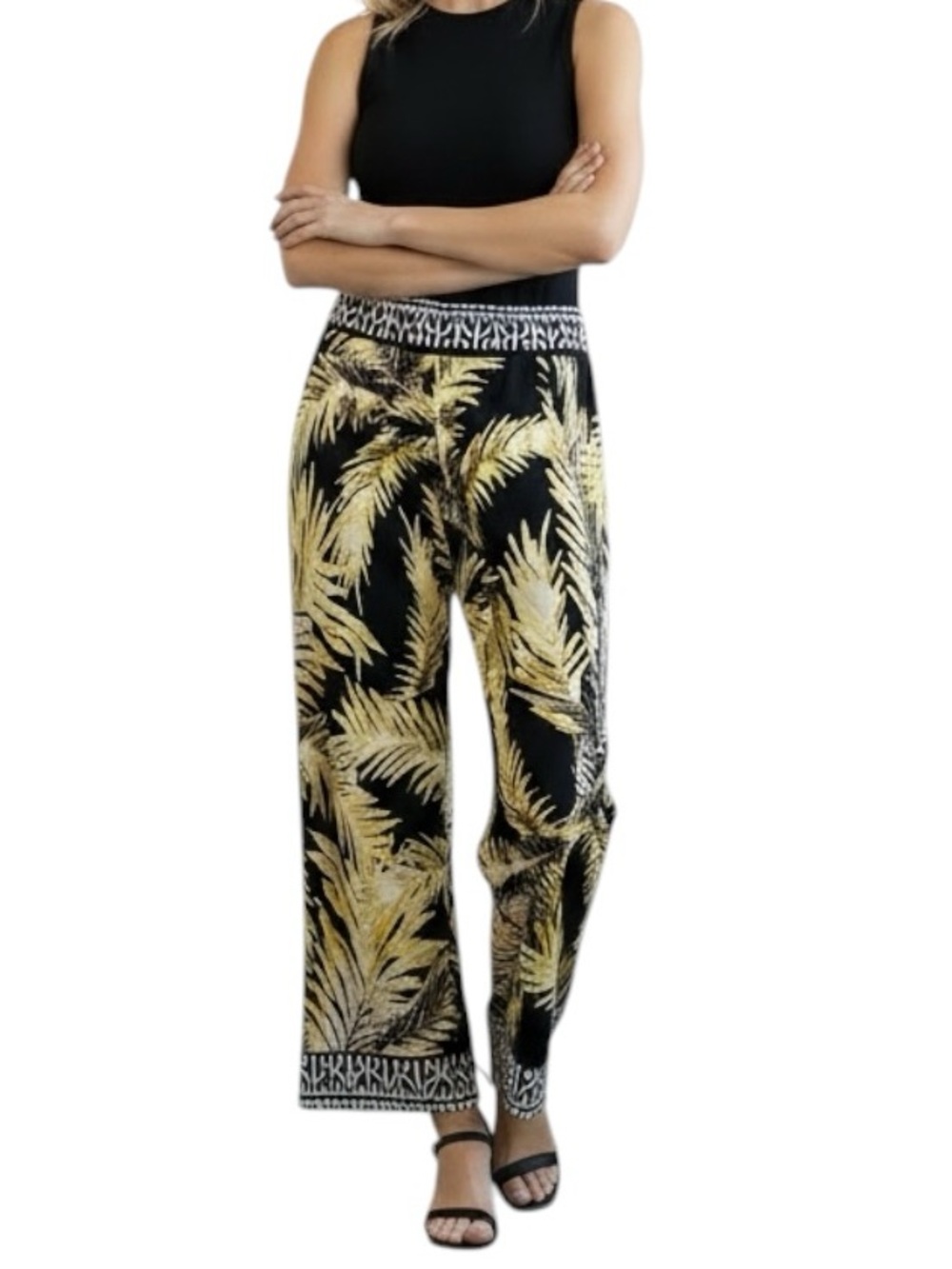 FRANK LYMAN Tropical Palm Print Wide Leg Cropped Pants Palazzo Size 14